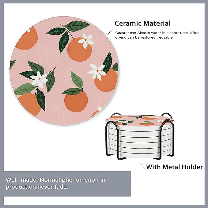 Drink Coasters Set of 6 with Holder,Tropical Palm Leaves Orange Floral Absorbent Ceramic Coasters with Cork Base,Fit All Cups,Tabletop Protection Mat for Mugs and Cups,Office,Kitchen