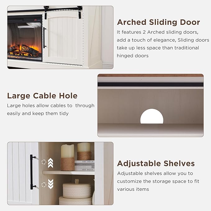 OKD Farmhouse Fireplace TV Stand for 70 Inch TV, 33" Tall Highboy Entertainment Center w/Electric Fireplace, Rustic Media Console w/Sliding Arched Door for Living Room,Antique White