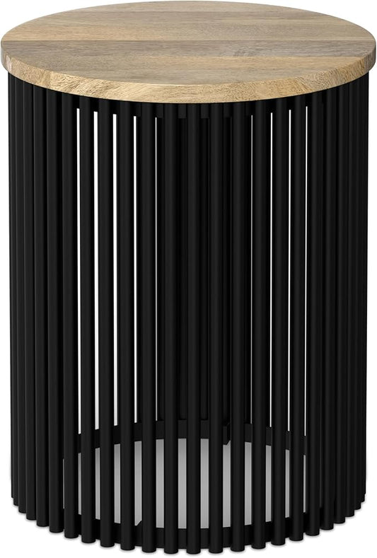 SIMPLIHOME Demy 20 inch Wide Tall Side Table in Natural Solid Mango Wood/Black Metal, Slim Round Accent Table for Living Room, Bedroom, or Entryway, Industrial Style Assembled