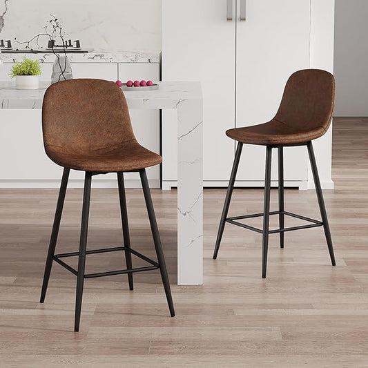 Brown Barstools Set of 2, 24.6" Counter Height Bar Stools with Back & Metal Footrest, Modern Island Chairs Set of 2 for Kitchens Island Home Bar