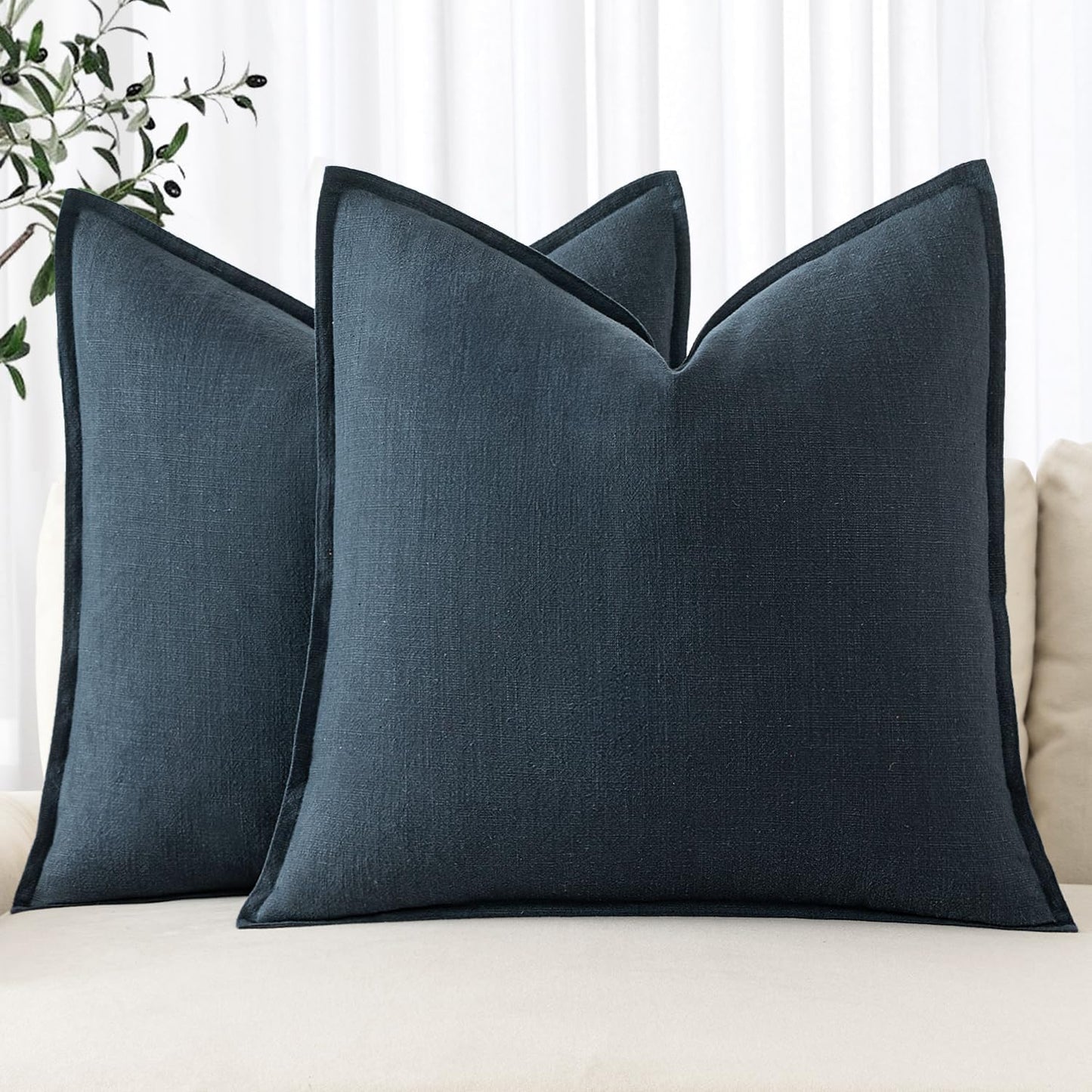 MIULEE Decorative Linen Pillow Covers 18x18 Inch Navy Blue Boho Farmhouse Neutral Couch Throw Pillows for Bed Pack of 2 Accent Coastal Modern Pillowcase Summer Sofa Livingroom Home Decor
