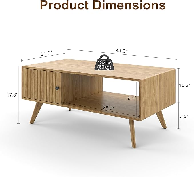 Mid Century Modern Coffee Table with Storage, Light Oak Wood Center Table with Cabinet & Open Shelf, Retro Cocktail Table for Living Room and Small Spaces