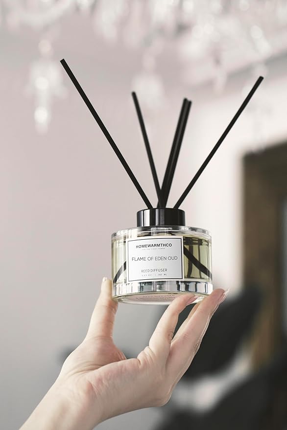 Flame of Eden Oud Reed Diffuser Set - Luxury Fragrance Reed Diffusers for Home, Office & Bathroom Décor - Long-Lasting Scent Sticks Diffuser with Non-Toxic Oils (5.63 oz)