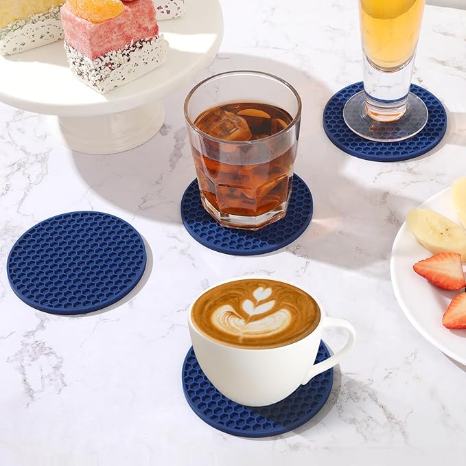 Silicone Coasters Set of 8 with Holder,Coasters Drinks,Beer,Coffee Coasters,Suitable Kinds Cups,Hot or Cold,Anti-SLI,Non-Stick,Anti-Overflow Tabletop Protection and Decor (8 Pcs, Navy Blue)