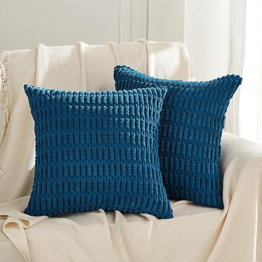 Fancy Homi 2 Packs Teal Decorative Throw Pillow Covers 20x20 Inch for Living Room Couch Bed Sofa, Rustic Farmhouse Boho Home Decor, Soft Striped Corduroy Square Cushion Case 50x50 cm