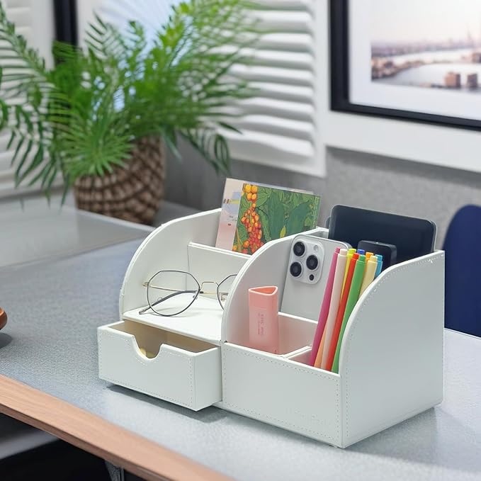 UnionBasic Office Desk Organizer - Multifunctional PU Leather Desktop Storage Box - Business Card/Pen/Pencil/Mobile Phone/Stationery Holder, White