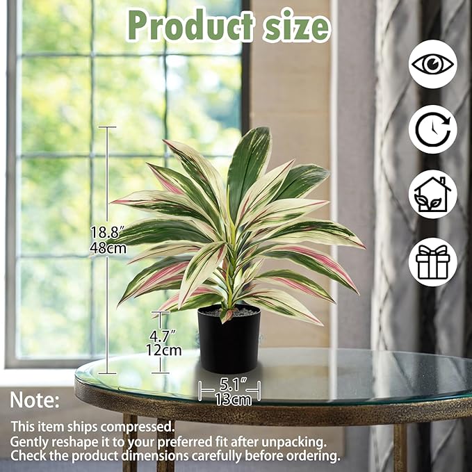 Oairse Artificial Plants Indoor with Pot, 18" Fake Potted Plants Medium Artificial Dracaena Plant in Black Pot Faux Tropical Plants for Bathroom Living Room Office Desk Shelf Decor