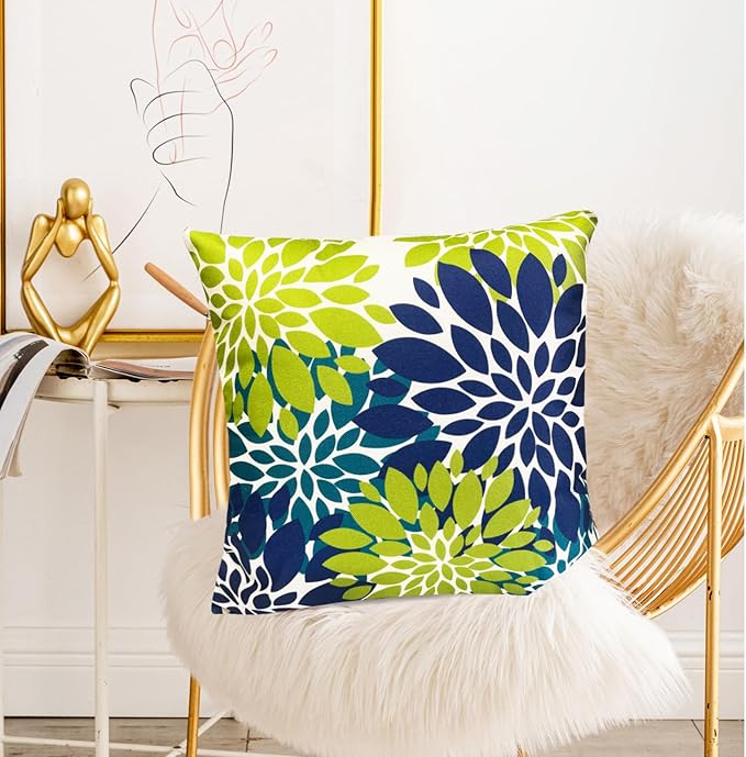 Decorative Throw Pillow Covers Set of 2 Blue Green Pillow Covers 16x16 Inch Couch Pillow Covers for Sofa Living Room Outdoor Throw Pillow Cover Linen Floral Flower Farmhouse Pillowcase