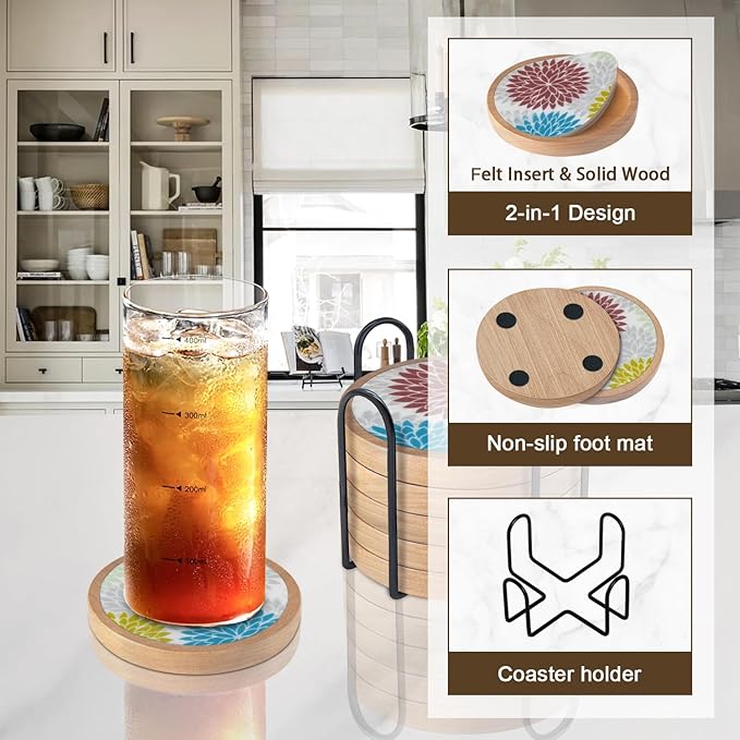 Wood Coasters Set of 6 with Holder, Cewiru Cup Mat for Drinks, Absorbent Coasters with Felt Insert for Coffee Table Protection, Modern Style Home Dining Table Decor, 4.3" Colorful