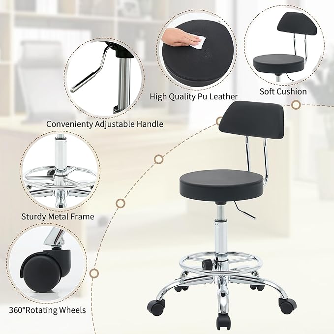 Rolling Stool with Back,Adjustable Height Foot Rest Rolling Salon Chair 19.5"-26.6",Black Ergonomic Stool (Black)