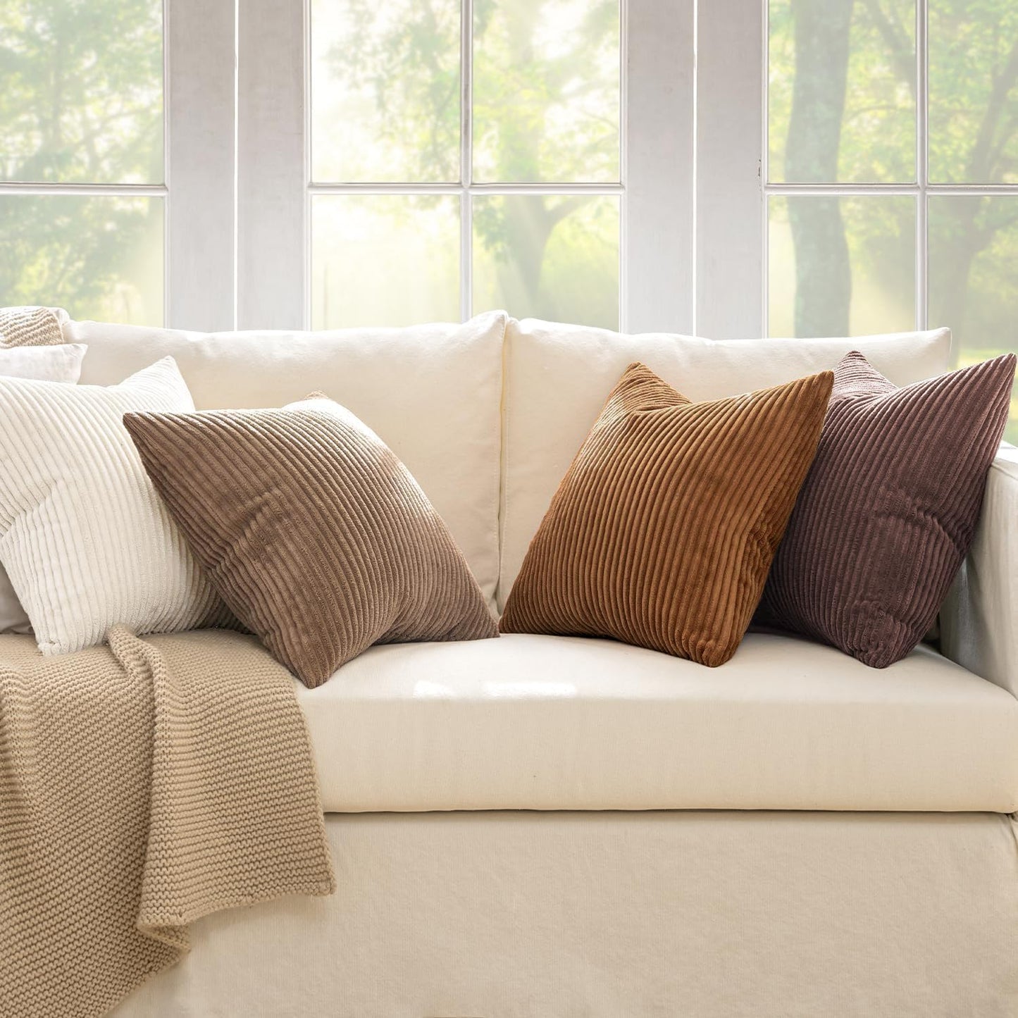 MIULEE Boho Farmhouse Fall Throw Pillow Covers 18x18 Inch Set of 4 Rustic Mordern Neutral Cushion Covers Soft Corduroy Nordic Home Decor for Couch Bed Sofa Living Room Brown