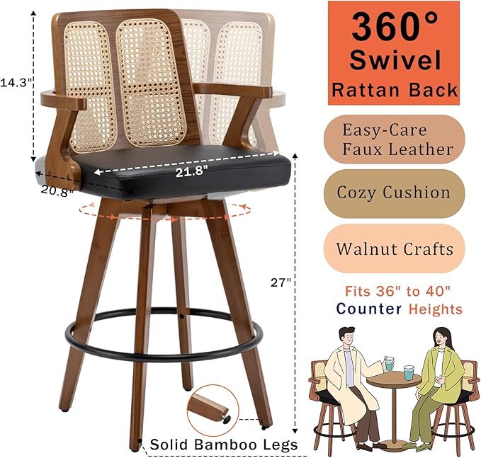 Set of 2 Rattan Swivel Counter Stools - 27 inch Mid Century Modern Counter Stools with Walnut Craftsmanship, Upholstered Seat, Modern CounterStools for Island/Pub/Kitchen (27" Seat Height, Black)