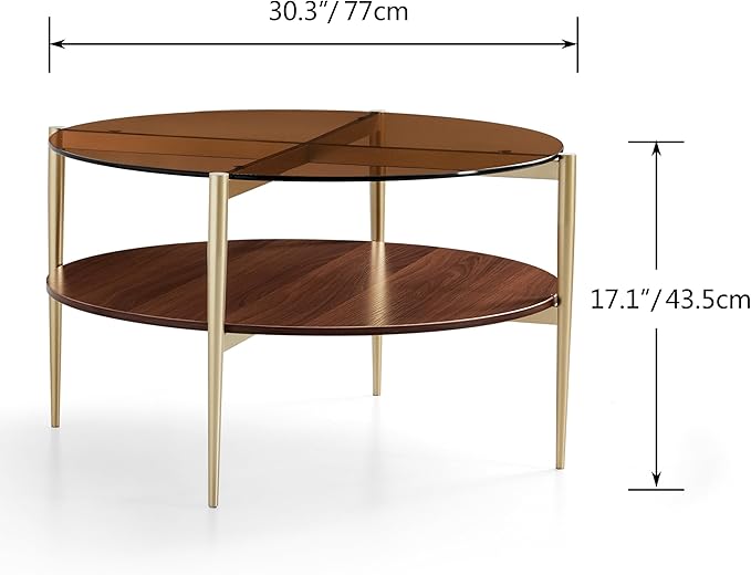 Shrine Round Glass Coffee Table, Mid-Century Modern Design, D30 x H17 in, 2-Tier Structure, Amber Glass Top and Walnut MDF Shelf, Sleek Conical Metal Legs with Gold Finish