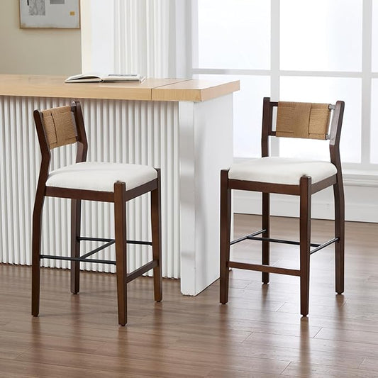 CIMOTA Rattan Counter Height Bar Stools Set of 2, 26" Boho Barstools with Woven Backs, Mid Century Walnut Wood Bar Stool Chairs Sherpa Upholstered Counter Stools for Kitchen Island/Counter/Bar,White