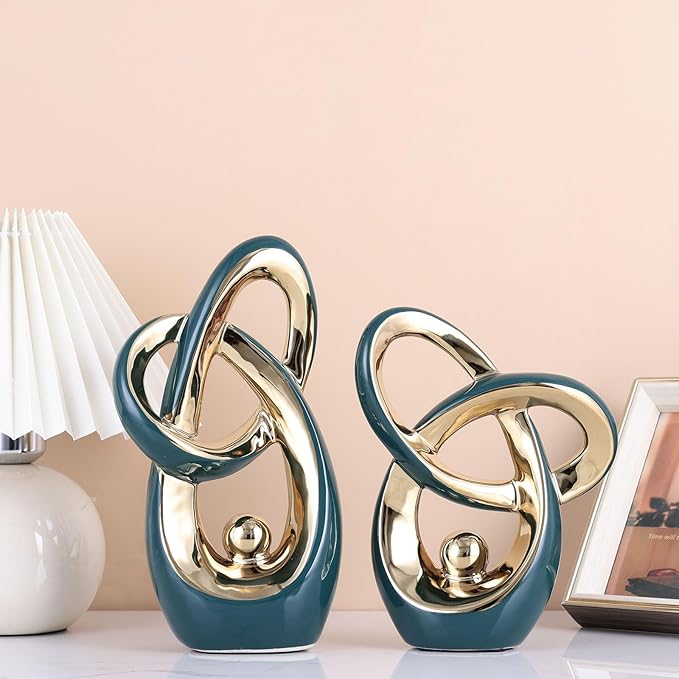 Teal Gold Modern Abstract Art Home Decor Accent,Statues Coffee Table Decor for Living Room,Table Centerpieces for Dining Room,Ceramic Sculptures and Gold Knick Knacks for TV Stand Decor (Green Gold)