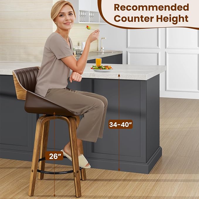 Bar Stools Set of 8, 26" Swivel Counter Height Barstools with Walnut Bentwood Back and Legs, Mid-Century Modern Faux Leather Upholstered Bar Chairs with footrest for Bar, Kitchen Island, café, Brown