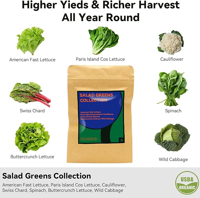 Salad Greens Seed Pod Kit for AeroGarden Hydroponics Growing System, 50 Pods Indoor Home Garden with American Fast/Paris Island/Buttercrunch Lettuce, Swiss Chard, Spinach, Cauliflower and Wild Cabbage