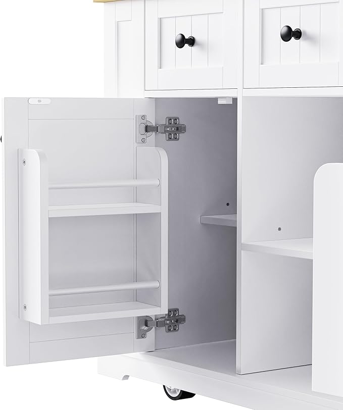 Merax 53" Kitchen Cart Island on Wheels with Power Outlet,Drop Leaf,3 Drawers and 5 Open Side Racks,Wood Storage Cabinet