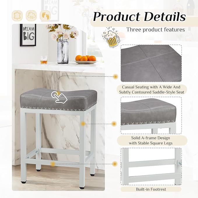 Sweetcrispy 24 inch Bar Stools Set of 2, Upholstered Modern Counter Height Bar Stools for Kitchen Island Modern PU Leather Sadless Stools Chair with Metal Base and Footrest, Grey