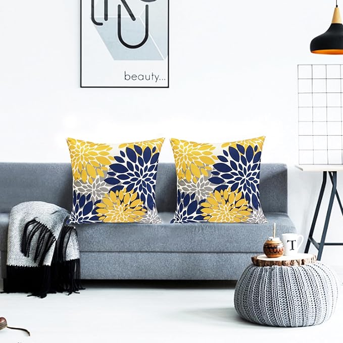 Decorative Throw Pillow Covers Set of 2 Blue Yellow Pillow Covers 16x16 Inch Couch Pillow Covers for Sofa Living Room Outdoor Throw Pillow Cover Linen Floral Flower Farmhouse Pillowcase