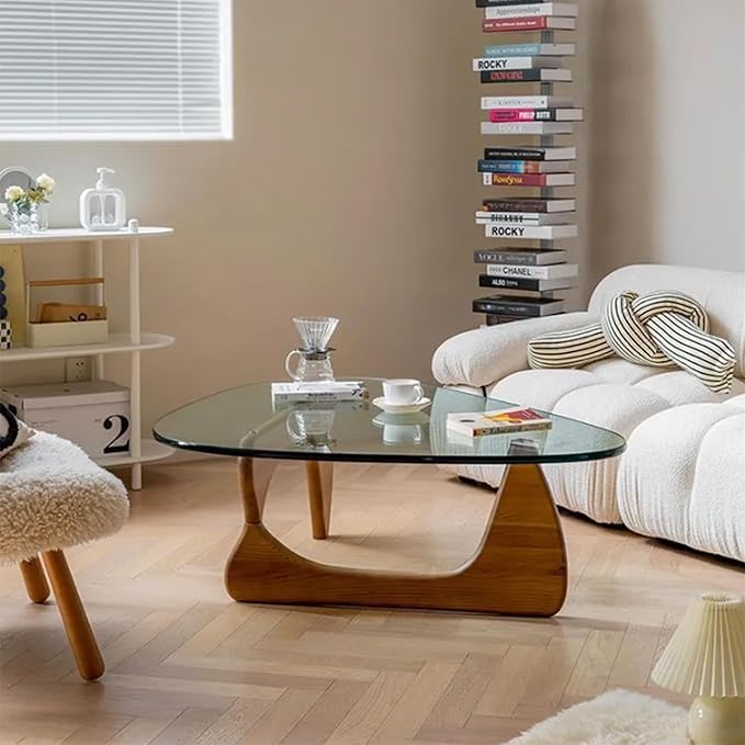 EASYSOUL Modern Glass Coffee Table, 44.88" D x 32.28" W x 15.75" H, Abstract Round Tea Tables for Living Room Home Office Industrial Cocktail Tables (Walnut-Clear Glass, 44.88")