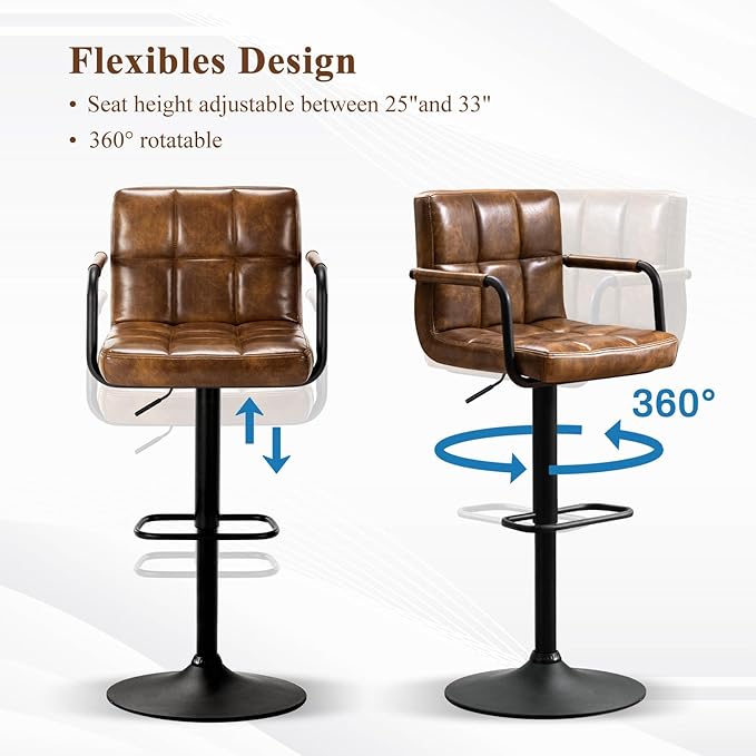 Furniliving Swivel Bar Stools Set of 4, Adjustable Kitchen Counter Height BarStools with Arms, PU Leather Upholstered Bar Chair with Back and Footrest for Dining Room, Kitchen, Pub, Bar (Yellowbrown)