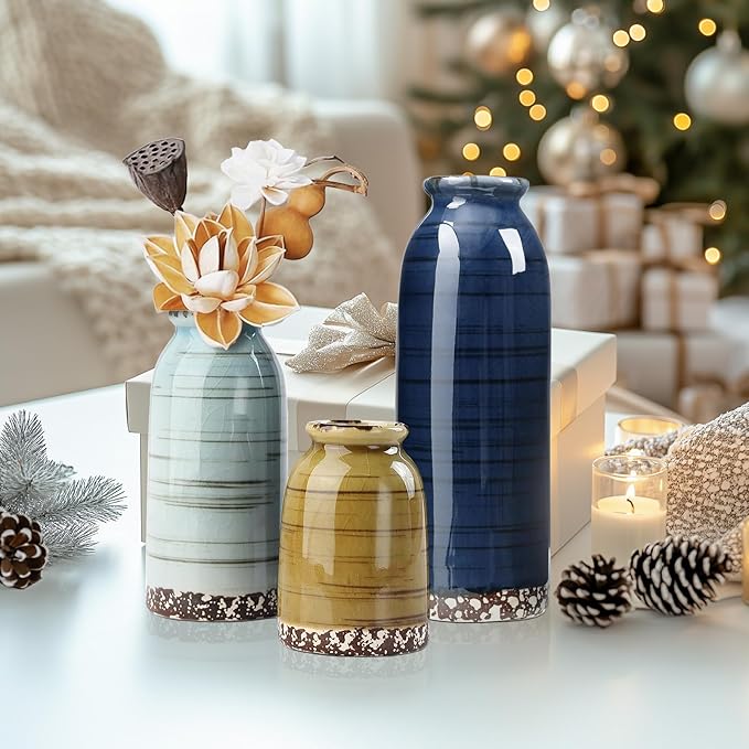 Ceramic Vase Set of 3, Farmhouse Rustic Decorative Vase for Home Decor, Modern Glazed Vase, Table Centerpiece for Living Room, Shelf, Bedroom, Kitchen (Colorful Cracks)