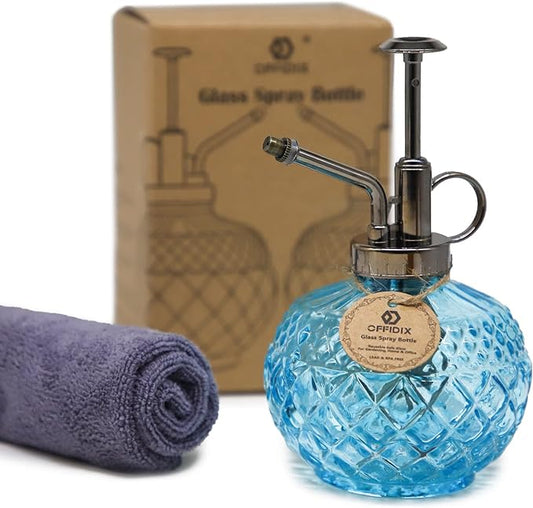 OFFIDIX Glass Plant Mister, 300ML Vintage Spray Bottle Plant Spritzer with Top Pump Fine Mist,Small Decorative Watering Can for Indoor Outdoor Succulent and Other Live Plants (Light Blue)