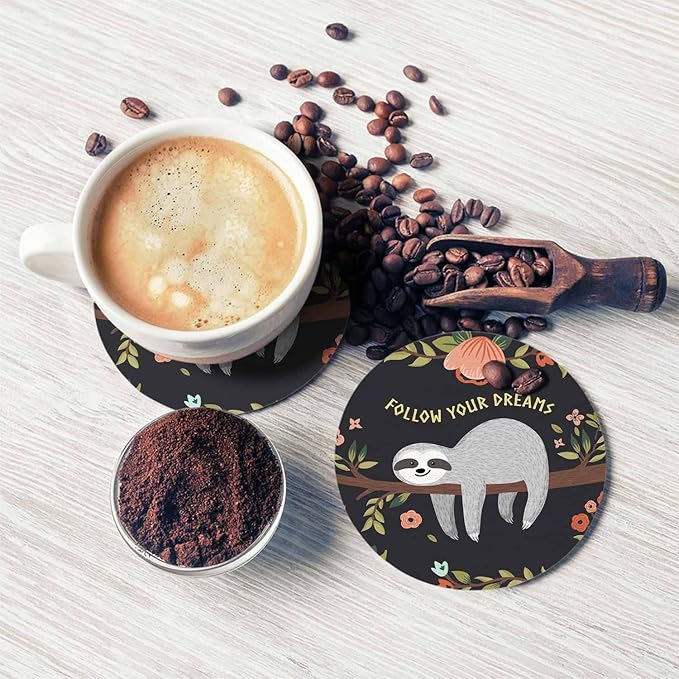 Cute Sloth Coasters for Drinks Office Coffee Table Follow Your Dreams Animal On The Tree Beautiful Wreath Living Room Decor Set of 2 for Cold Drinks Wine Mugs and Cups 4 Inch