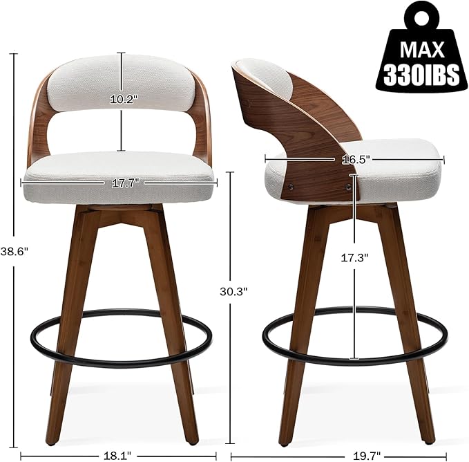 Barstools Set of 2,Bar Height Bar Stools for Kitchen Island,30.3 Inch Modern Upholstered Bar Chair, Swivel Bar Stools with Back and Wood Legs (Beige-Fabric)