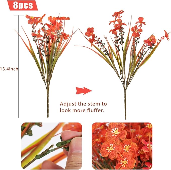 RECUTMS 8 Bundles Artificial Flowers Outdoor Faux Grasses for Outdoor Planter UV Resistant Fall Fake Plants Greenery Stems Faux Flowers Shrubs for Home Weddings Garden Office Indoor Decor(Orange)
