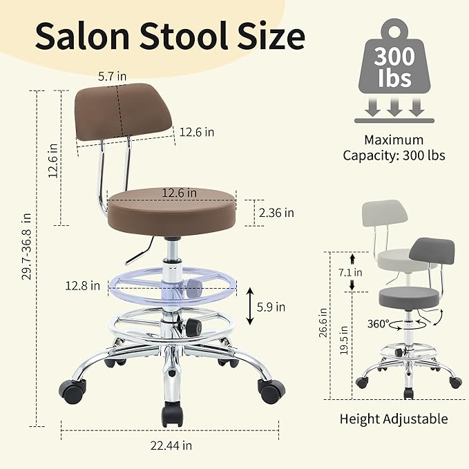 Salon Rolling Chair, Adjustable Stool with Footrest and Back 19.5"-26.6",Coffee Brown Massage Stools with Wheels (Coffee Brown)