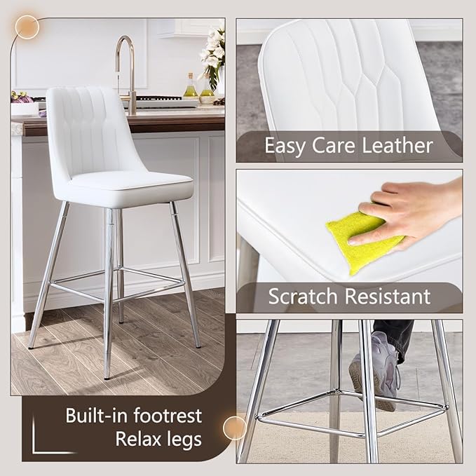 Counter Height Bar Stools Set of 2,White Bar Stools with Back,27" Upholstered Counter Height Bar Stool with Sturdy Silver Chrome Footrest,Modern Kitchen Island Chairs for Home Pub Bar