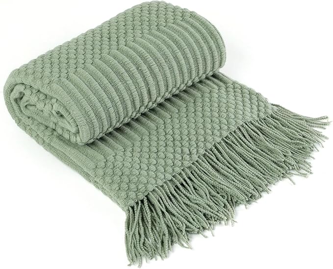 Blagic Knitted Throw Blanket for Couch, Bed and Sofa. Super Soft Blanket with Tassels, Sage Green Throw Blanket, 50 x 60 Inches Lightweight & Cosy Home Decor