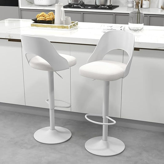 civama Bar Stools Set of 2 for Kitchen Counter, Seat Height Adjustable 25''-33'', Modern Upholstered Swivel Island Chairs with Hollow Backrest Metal Base, White