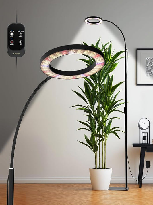 GLOWRIUM Grow Lights for Indoor Plants, 24W Full Spectrum LED Grow Light, Stepless Dimming,3 Lighting Mode and Adjustable Height, Plant Light with 3/9/12/16H Timer (Black, 24W)