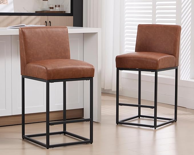 VESCASA Faux Leather 27 inches Counter Height Bar Stools with Padded Back, Modern Upholstered Counter Stool Chairs with Black Metal Frame for Kitchen Island, Set of 2, Brown