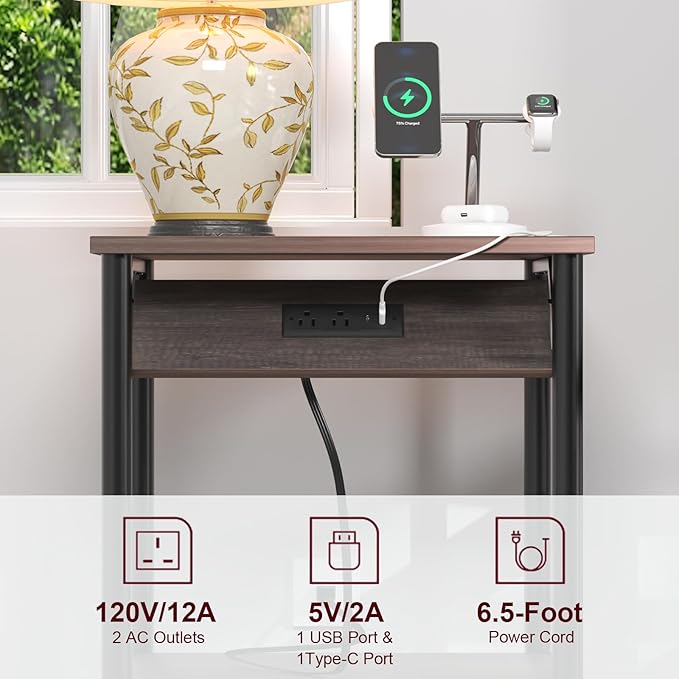 Night Stands Set of 2, Small End Tables with Charging Station, Small Side Tables for Living Room, Bedside Tables with 2-Tier Storage Shelf, Nightstand with Outlets and USB Ports, Rustic Grey/Black