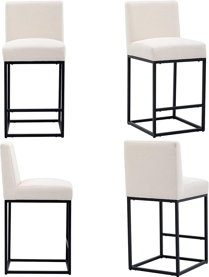 VESCASA Linen 27 inches Counter Height Bar Stools with Padded Back, Modern Upholstered Counter Stool Chairs with Black Metal Frame for Kitchen Island, Set of 6, Cream