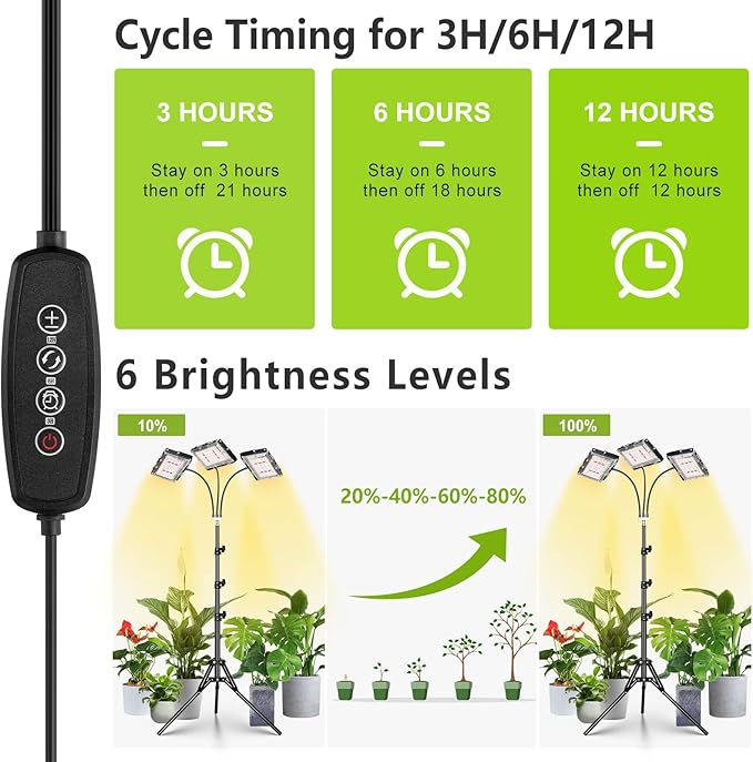 LORDEM Plant Grow Light with Stand, Full Spectrum LED Growing Lamp, Tri-Head with 3H/6H/12H Timer, 6 Dimmable Levels, 3 Lighting Modes, 15"-63" Adjustable Tripod