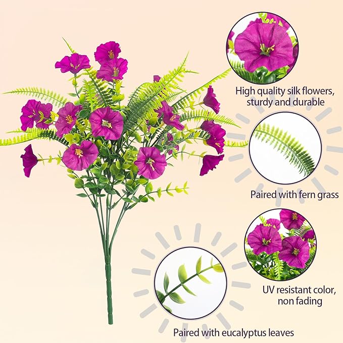 Artificial Flowers Outdoors 12 Bundles Artificial Petunias Fake Flowers UV Resistant Shrubs Plants with Fern for Indoor Outside Hanging Planters Home Garden Summer Decorations (Magenta)