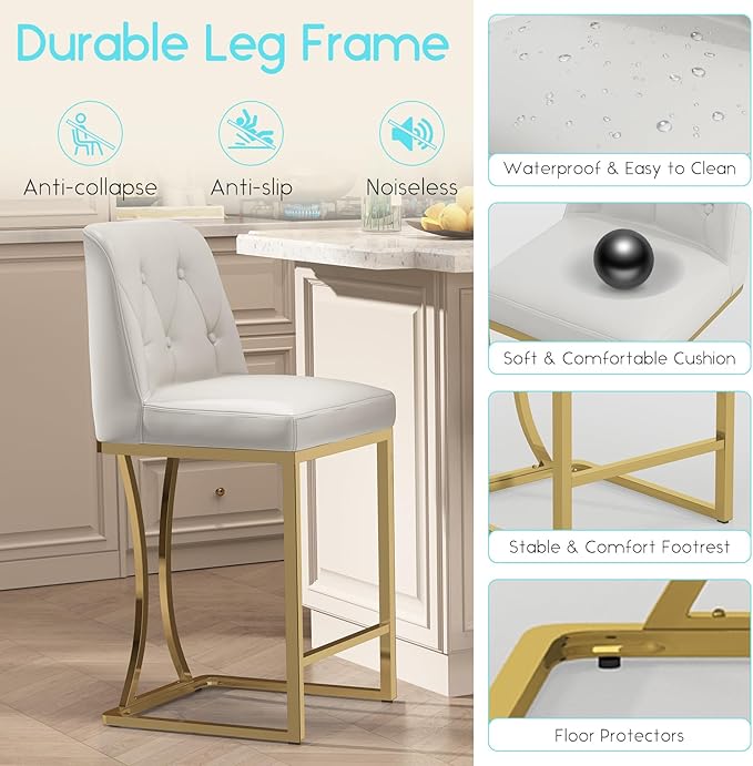 24" Counter Height Bar Stools Set of 4, White Counter Stools with Back and Gold Metal Frame, Modern Luxury Barstools with Footrest, Upholstered PU Leather Bar Chairs for Kitchen Island