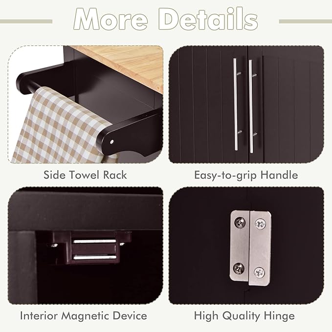 COSTWAY Kitchen Island on Wheels, Kitchen Cart with Side Towel Bar, 2 Drawers, 2 Door Cabinet, Rolling Storage Trolley Cart with Rubber Wood Top & Lockable Casters (Brown)