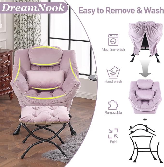 Lazy Chair with Ottoman, Modern Accent Chair with Lumbar Pillow, Comfy Chairs with Folding Footrest for Bedroom, Reading, Oversized Supportive Lounge Chairs(Velvet Light Purple)