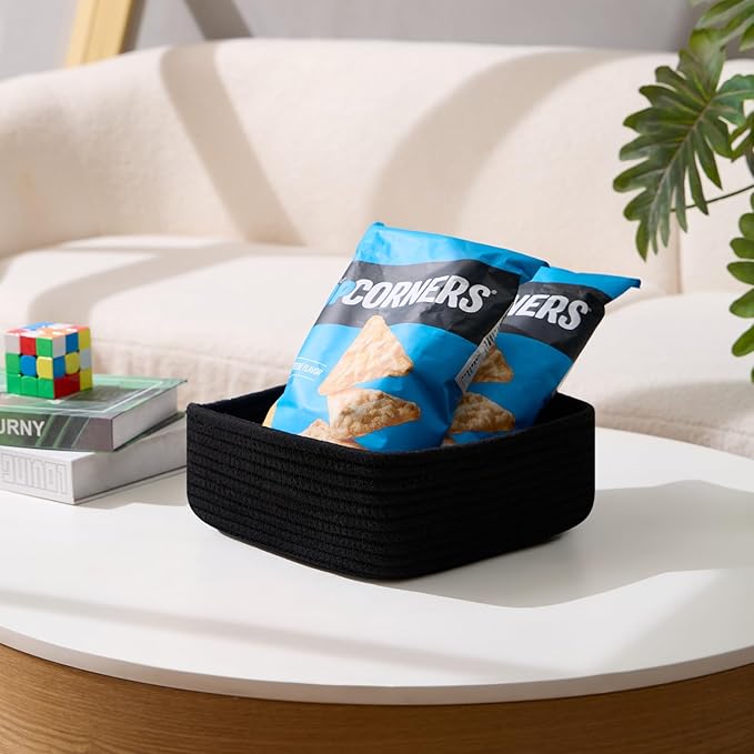 Small Square Shallow Baskets for Organizing, 9.7x9.7x4.3 Inch Rope Woven Storage Bins for Cubes Closet, Shelves Storage, Boho Decorative Basket, 2 Packs Black