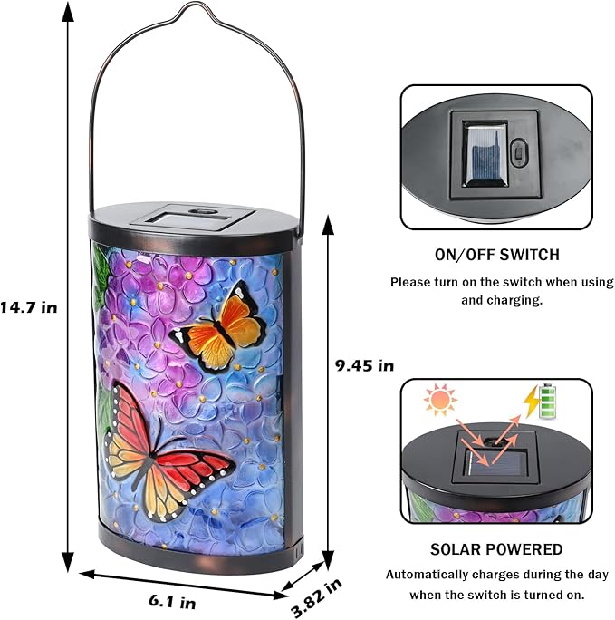 Afirst Solar Lantern Outdoor Hanging Glass Butterfly Solar Lights Waterproof Led Lamp for Garden Yard Tree Desk Decor