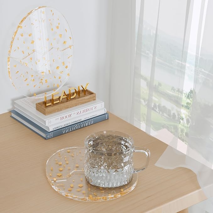 Acrylic Coaster Decorative Plates,2Pcs/Set Office Desk Accessories, Clear Dinosaur Egg Shape Coffee Cup Decor, Perfect for Tabletop Protection and Display.（Gold）