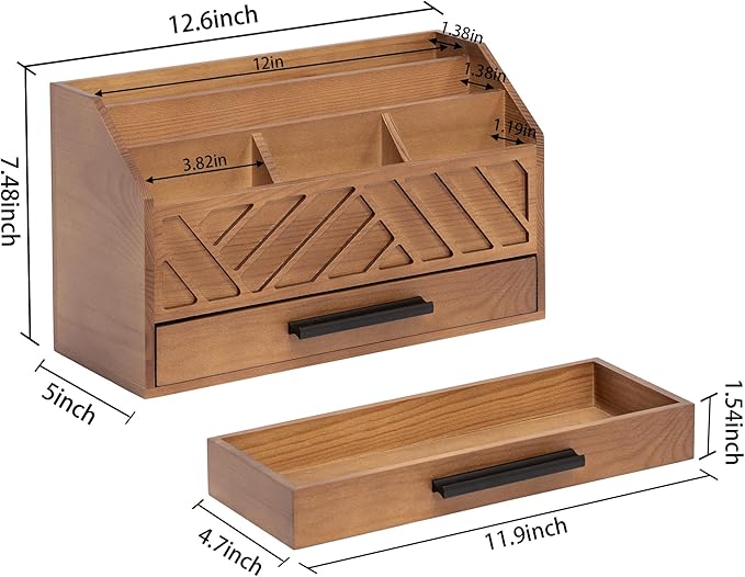 Brown Wood Desk Organizer and Accessories with Drawer, Bill Mail Organizer and File Mail Holder for Office Supplies, Modern Desk Accessories & Workspace Organizers for Desk Organization