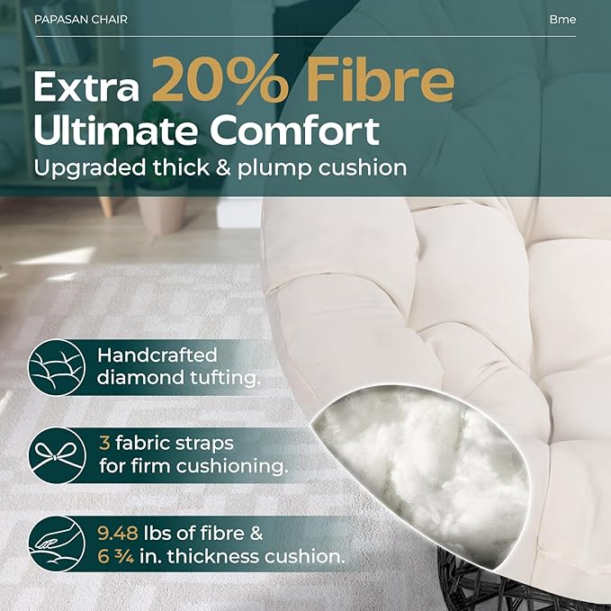 Bme 40" Ergonomic Wicker Papasan Chair with Soft Thick Cushion & Frame, 360° Swivel, Circle, Reading, Comfy Chair for Living Room, Bedroom