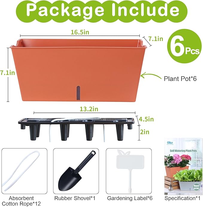 Window Box Planter 6 Pcs, 16.5 Inches Self Watering Rectangle Flower Plant Pots with Drainage Holes Trays, Vegetable Planters for Windowsill Patio Garden Balcony Porch Yard (Orange)